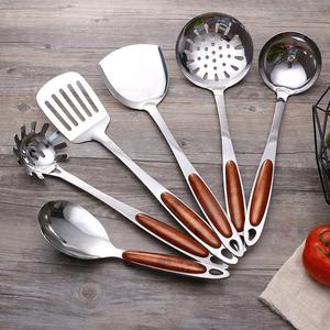 Creative 6-Piece Stainless Steel Kitchen Utensil Set With Wooden <b>Handles</b> For Cooking Stirring Serving And Straining - Product Image 1