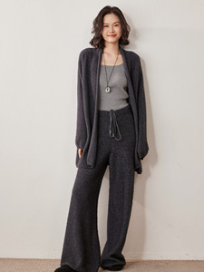 WS13 <strong>Women's</strong> Solid Cashmere Suit Set Slimming Knit Sweater Cardigan Casual Pants Wide-leg Loungewear Set Breathable - Product Image 3