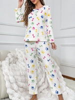 Ensemble de pyjama en flanelle pour femmes, vêtements de nuit en polaire corail à manches longues, vêtements de détente pour la maison, hiver, col rond, 2 pièces, chaud