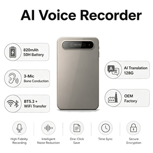 Grabadora de Voz con IA de 50 Horas - 3 Micrófonos de Conducción Ósea, Transcripción y Traducción con IA, 128G TF, BT5.3 WiFi, Fábrica OEM, ISO 9001 - Product Image 1