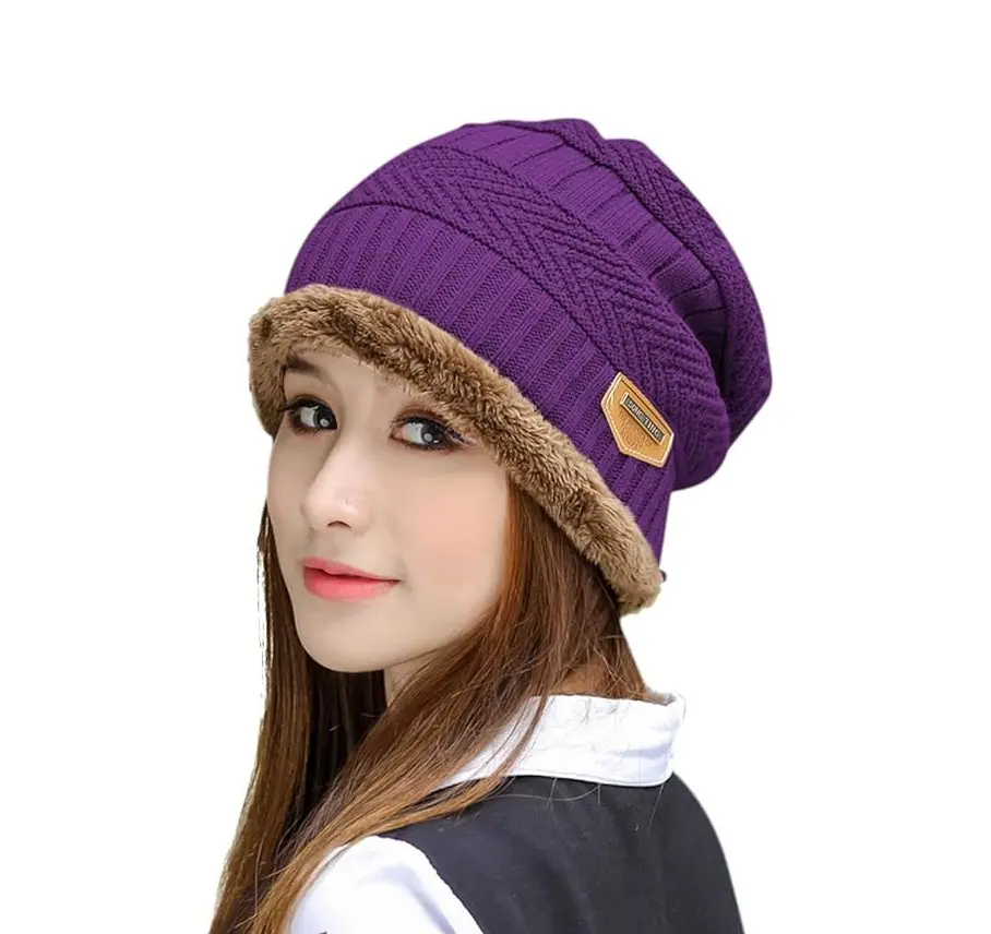 Beanie desain logo kustom beanie rajut wol rajutan musim dingin manset hangat akrilik untuk wanita