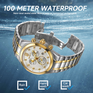 นาฬิกาข้อมือผู้ชายสแตนเลสสตีลหรูหราใหม่ แสดงวันและวันที่ กันน้ำ 10ATM เรืองแสง ควอตซ์ - Product Image 6