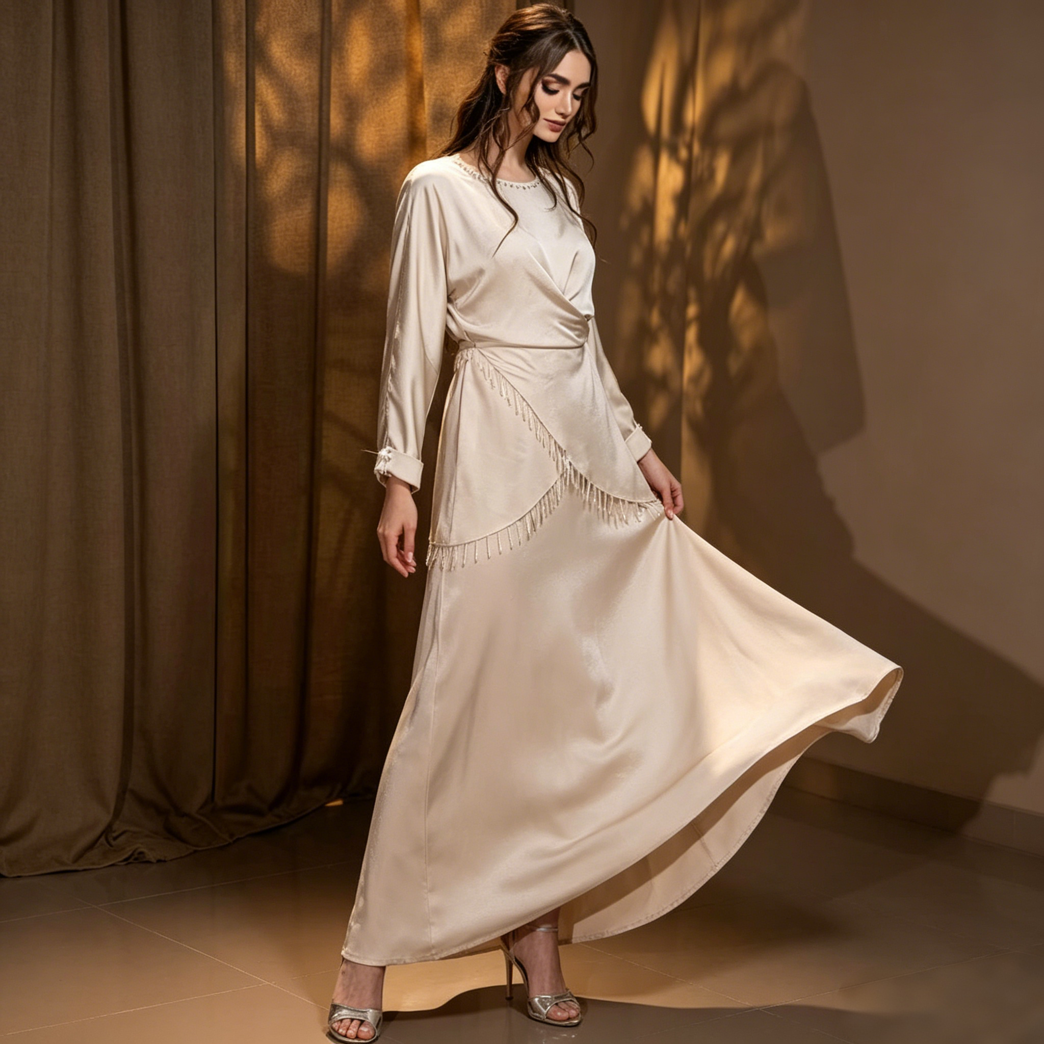 beige eid dress Elegant Women's Long-Sleeved With Long Skirt Muslim Suit for Formal Occasion Kaftan dress