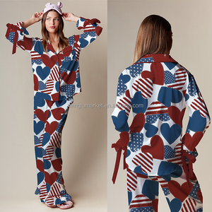 Día DE LA Independencia Red Stripe Blue Star All Over Print Manga larga Loose Fit Casual Pijama Set Mujeres - Product Image 2