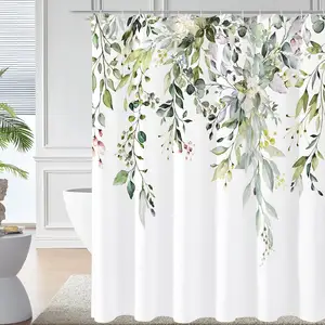 鼠尾草绿色桉树浴帘，装饰织物防水水彩植物树叶浴帘套装带花卉浴室