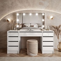 Table de toilette en bois blanc brillant de haute qualité, durable, avec miroir et tiroirs spacieux, éclairage intégré pour chambre à coucher, MOQ 100