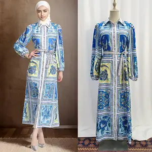 2024 Middle Eastern Arabic Clothing High Waist Slim Fit Muslim custom graphic block digital Printed Long maxi Dresses for Women
