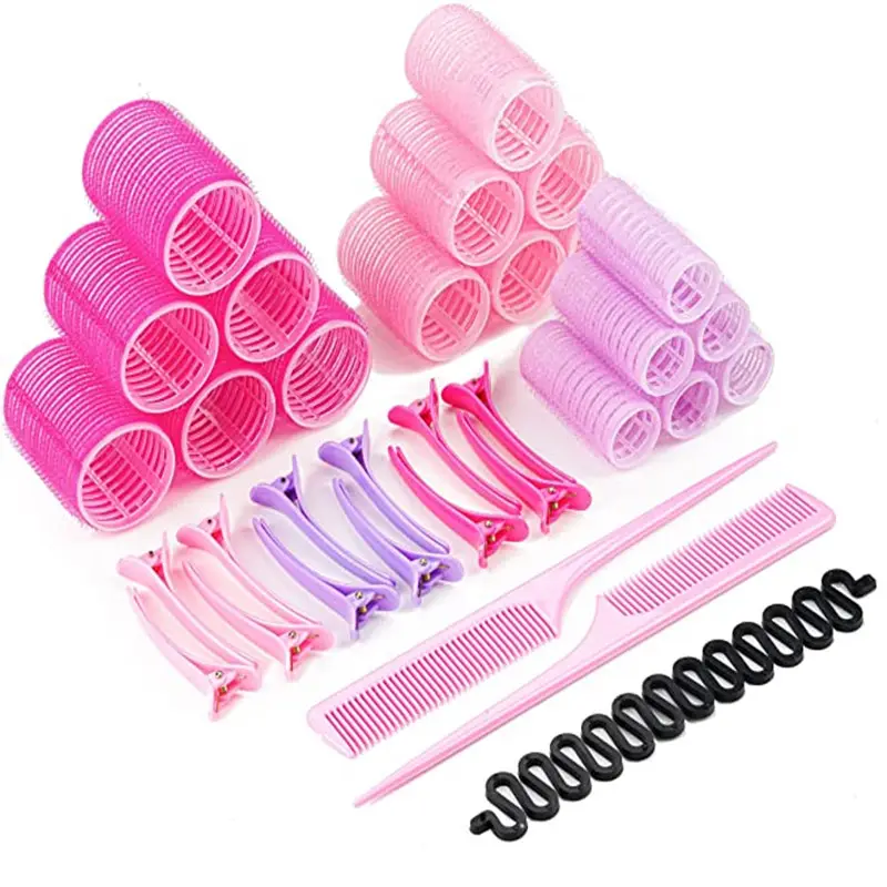 custom salon 35 pcs no heat plastic hair rollers with pins comb set curlers nylon magic self grip hair rollers for blowout look
