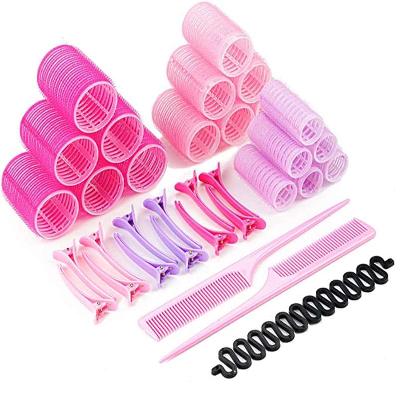 Custom Salon 35 Pcs No Heat Plastic Hair Rollers With Pins Comb Set Curlers Nylon Magic Self Grip Hair Rollers For Blowout Look