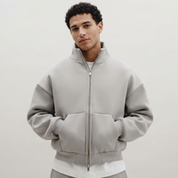 Blouson bomber streetwear pour homme à double fermeture éclair, 460 g/m², 100 % coton, avec capuche, col montant, épaules tombantes, poignets côtelés et poche plaquée