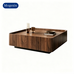 Modern Square <b>Walnut</b> Veneer Coffee <b>Table</b> with Tray Edge & Lacquer Base for Living Room Hotel Lobby - Product Image 6