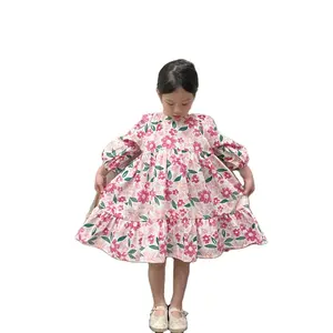 2023 Princess Dresses Puff Sleeve Ball Gown Children Birthday Party Dress Girls Cotton Printed Dress