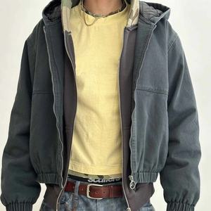 Custom Duck Canvas Cropped Zip Workwear <b>Jacket</b> Boxy Twill <b>Trucker</b>-style Vintage Hooded Lined Carpenter Work <b>Jackets</b> - Product Image 1