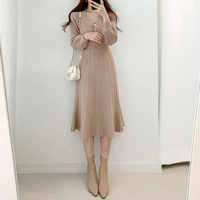 Robe midi en maille plissée élégante et personnalisée pour femme, col en V festonné, demi-fermeture boutonnée, taille cintrée, idéale pour les trajets quotidiens