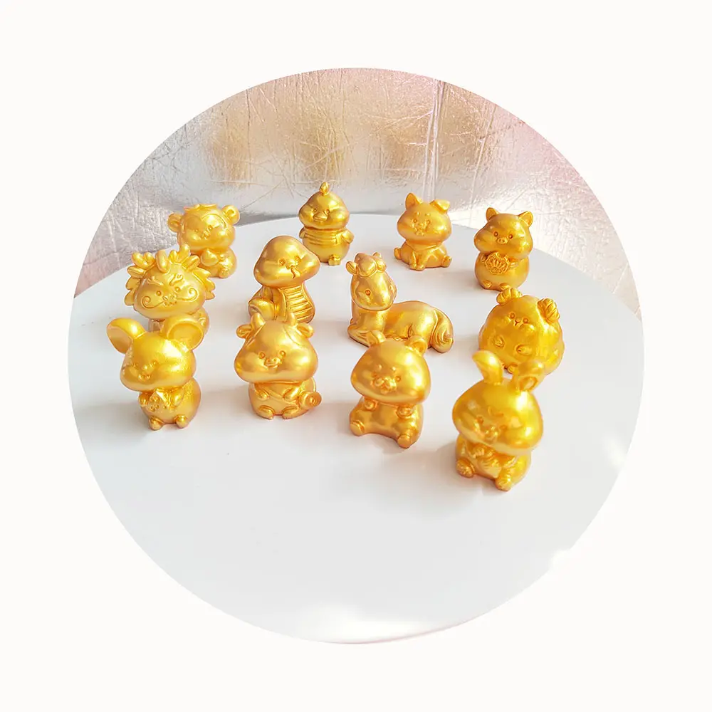 12 Chinese Dierenriemtekens Hars Miniatuur Dier Cabochon 3d Gouden Kleur Modellen Passen Lente Festival Sleutelhanger Bungelt Hanger Toegang