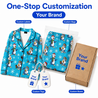 Pyjama personnalisé en polyester bleu ciel avec col cranté et motif pingouin pour femme, collection Noël, livraison directe (POD), MOQ 1 pièce