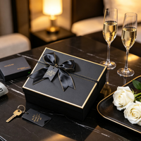 Boîte cadeau vide rectangulaire noire sur mesure avec couvercle et plateau, grand format, élégante, avec nœud papillon noir