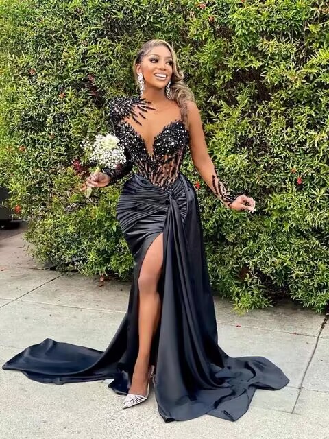 chinese dress ladies Black Tulle A-Line Short Sleeves Split Prom Dresses PL528