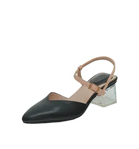 Modische Damenschuhe schwarzer Lederblock Schnallen-Sandalen spitze zehen niedrige transparente Ferse Schuhe Sommer für Party Geschäft