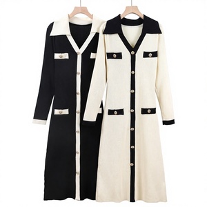 Nouvelle jupe longue en tricot de laine élégante style coréen automne/hiver 2024, taille haute, boutonnée, col en <span class=keywords><strong>V</strong></span>, <span class=keywords><strong>pull</strong></span>-over, coupe trapèze - Product Image 1