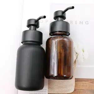 250ml 8oz Modern Black Glass Foaming Dispenser Liquid Soap Garrafa com Bomba de Aço para Lavagem de Prato