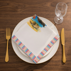 Serviette en coton de qualité supérieure avec bordure rayée multicolore et imprimé bateau côtier |   Serviette de table en coton imprimé pour la table à manger - Product Image 2