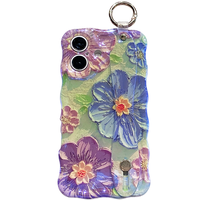 Coréen Bleu Peinture À L'huile Fleur Lentille iPhone Étui De Protection Nouveau Paquet Complet Anti-Chute avec PM Lanyard Made TPU + PC