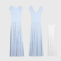 Robe en tricot côtelé bleu clair pour femme, col carré, manches courtes, longueur midi, vente en gros, marque privée