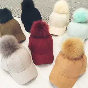 Multi Color Fashion Custom Solid Color Blank Plain 6 Panel Hats Suede Baseball Cap With Pom Pom