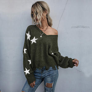 แฟชั่นเสื้อกันหนาวแขนยาวหลวมเสื้อสวมหัวคอวีดาวถักเสื้อกันหนาวผู้หญิง - Product Image 4