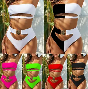 custom women clothingsummer bikini solid swimwear hollow out high waist woman sexy beach swimwear bikini set swimwear wholesales
