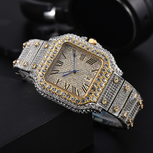 Reloj de Cuarzo de Lujo para Hombre, con Incrustaciones de Cristal, Tono Dorado, Esfera Cuadrada con Números Romanos, Calendario - Product Image 2