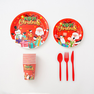 New Christmas Style Disposable Plate Set Home Party Paper Cup Knife Fork Spoon Plates Tableware Set - Product Image 1