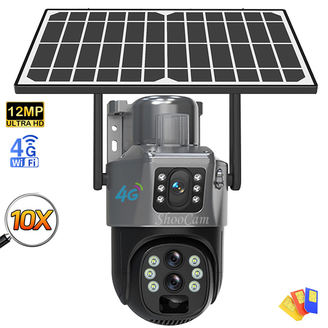V380 Outdoor 12mp 10x Optical Zoom Dual Screen Solar 4g Card Camera 6k Triple Lens Auto Tracking Security Cctv Solar Camera