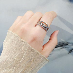 Bague ajustable multicouche en cuivre plaqué or blanc, motif croisé, avec perles rotatives anti-anxiété, bijoux en gros - Product Image 2