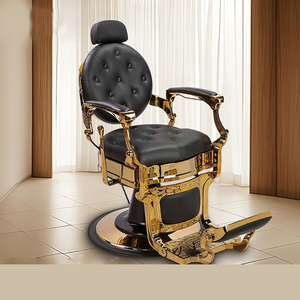 Chaise de coiffure en cuir tufté noir et or de style antique chaise de rasage à pompe hydraulique chaise de coiffure à base ronde à vendre - Product Image 1