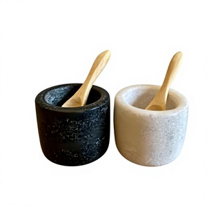 Ensemble de 2 bols à dessert en marbre avec 2 cuillères, forme ronde, couleur blanc et noir, pour dattes et sucreries, par Home Arts - Product Image 1