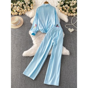 優しいスタイルピンク甘いドーパミン刺繍ブラウスカジュアルルーズハイウエストスリムフィットワイドレッグパンツ2ピースセット - Product Image 4