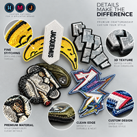 Écusson personnalisé HMJ, effet broderie 3D, logo en silicone TPU, étiquette thermocollante pour vêtements et accessoires.