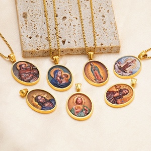 Collier pendentif religieux avec chaîne à maillons pour femmes et hommes, plaqué or 18 carats, acier inoxydable, ovale, Jésus, Vierge <span class=keywords><strong>Marie</strong></span> catholique - Product Image 1