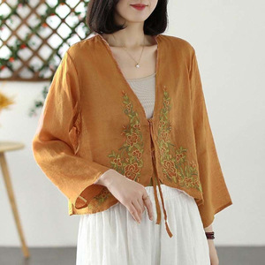 Women's Embroidered Chiffon Cardigan Long Sleeve <b>Tie</b> Front Summer Blouse Breathable Yellow Green <b>Purple</b> Orange Cotton Wrap Shirt - Product Image 3