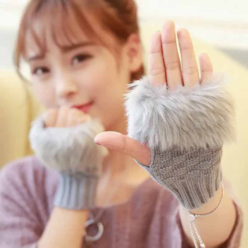 Hand Wrist Crochet Knitted Fingerless Mittens Women Faux Rabbit Fur Winter Gloves