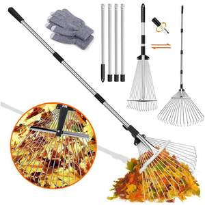 Râteau à balai à feuilles élargi avec tige en métal réglable de 2.15 m et gants pour le nettoyage des plantes, pelouse et cour - Product Image 1