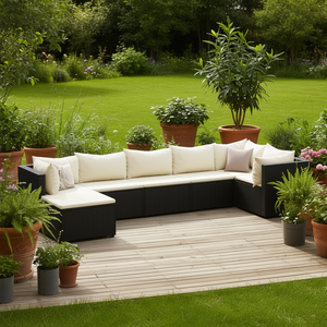 Ensemble de salon de jardin en rotin noir avec coussins blancs crème pour s'asseoir et se détendre en extérieur - Product Image 2