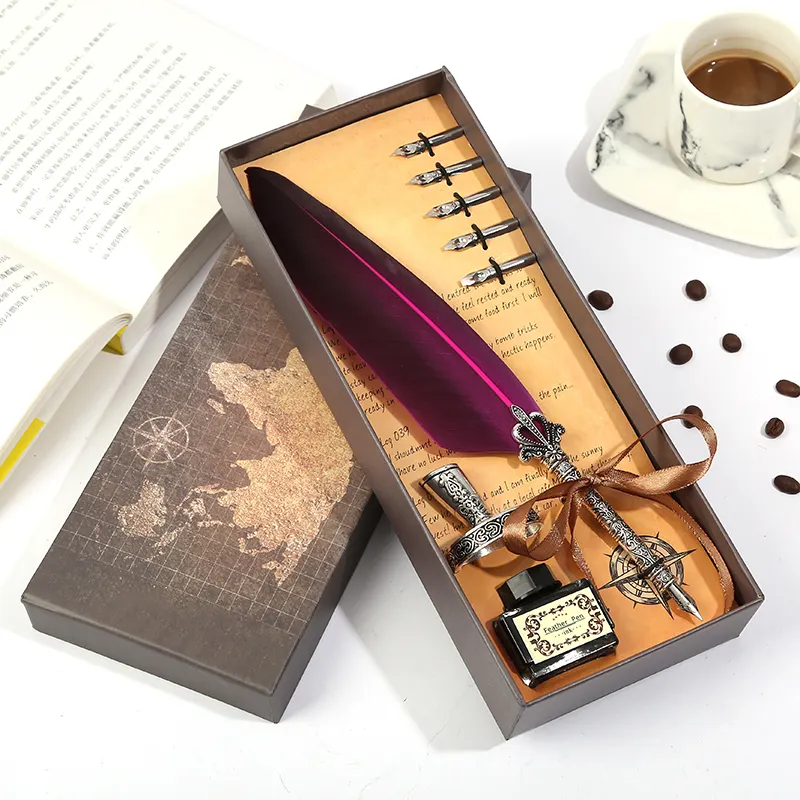 Luxury Calligraphy Feather Dip Pen Writing Ink Set Stationery Gift Box with 5 Nib Wedding Quill Pen Metal Fountain Pen Set