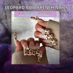 Ongles artificiels en gros populaires en ABS, longs et pointus, motif léopard français, avec strass et nœud, <span class=keywords><strong>pour</strong></span> le style habillé des femmes - Product Image 2