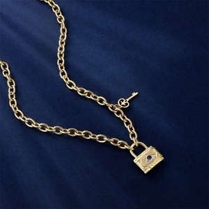 Pingente bloqueio de olho azul, pingente de bloqueio de olho azul da moda 14k, corrente banhada a ouro cz, diamante, diabo, olhos, colar de bloqueio para mulheres