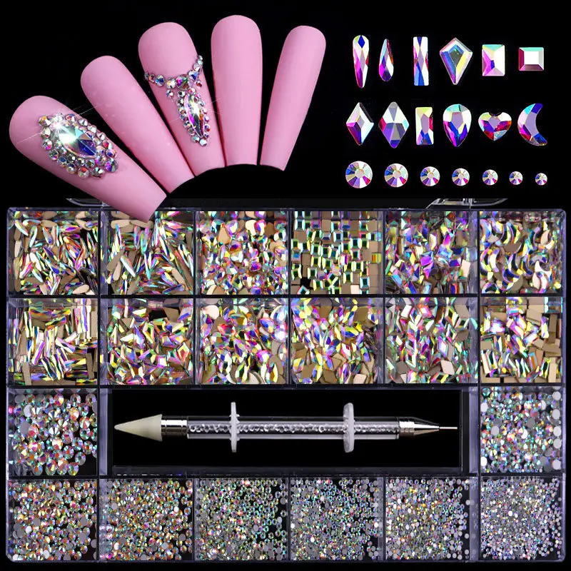 2023 New Style Professional Wholesale Nail Salon 3D Decoration Nail Art Rhinestones Kit 21 Grids Box Shiny Crystal Accessories