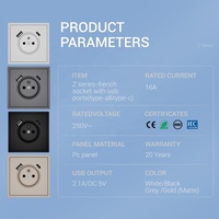 Prise murale de type français 2P+T conforme aux normes européennes, avec double port USB de type A et de type C, design ignifuge et résistant aux manipulations