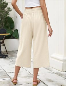 LOMON Pantalon capri ample <span class=keywords><strong>en</strong></span> <span class=keywords><strong>lin</strong></span> pour <span class=keywords><strong>femme</strong></span> avec cordon de serrage et taille élastique, pantalon court décontracté - Product Image 4